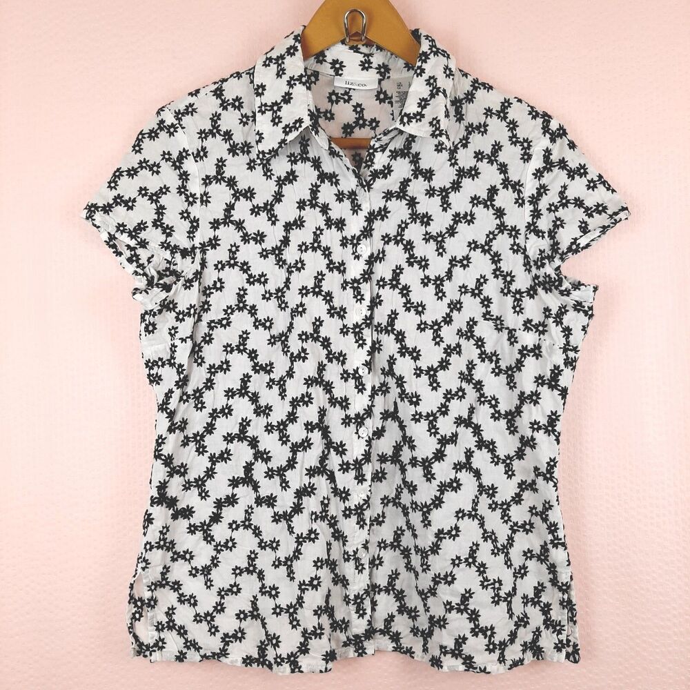 Liz & Co. Women Short Sleeve Button Up Blouse White Black Embroidery Flowers L